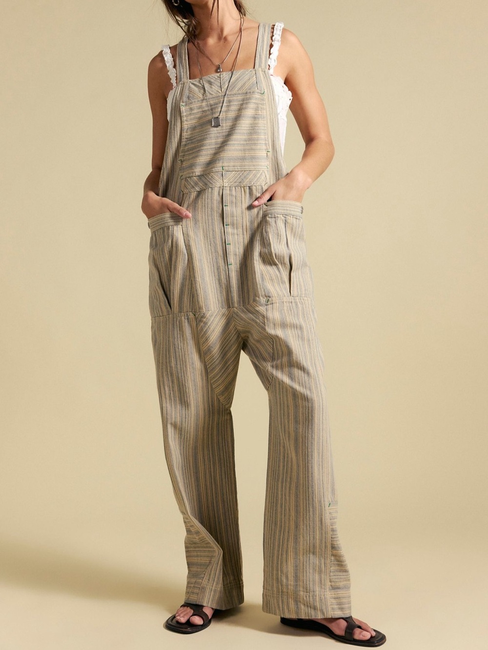 NWT Free People Iconic Harem Yarn Dye Overalls in Tea Combo